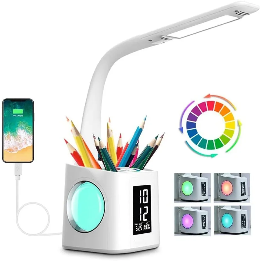 7-in-1 Study Desk Lamp with USB Charging Screen Calendar Color Night Light LED Table Lamp with Pen Holder Clock Reading Light 1