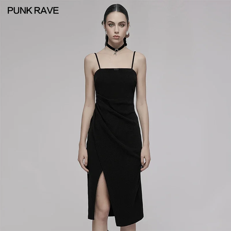 

PUNK RAVE Women's Dark Asymmetric Split Sexy "H" Silhouette Slip Dress with Choker Strapless Party Women Black Dresses Summer