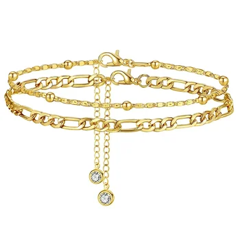 Women 2Pcs Anklet Bracelet Set Stainless Steel Cuban Link Rice Bead Chain Anti-fade Fashion Foot Ankle Jewelry 1
