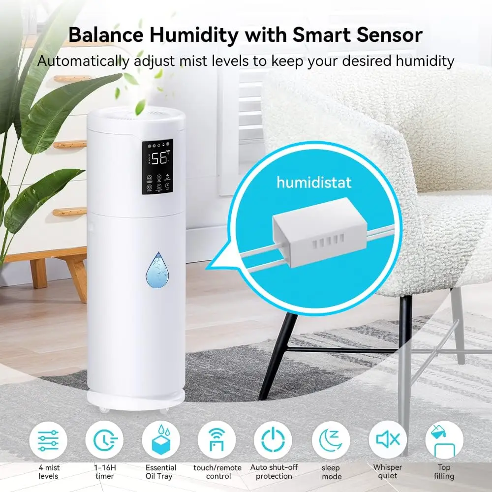 for Large Room Home Bedroom 2000 sq.ft. 17L/4.5Gal Large Humidifier with Extension Tube & 4 Speed Mist,Top Fill Whol 3