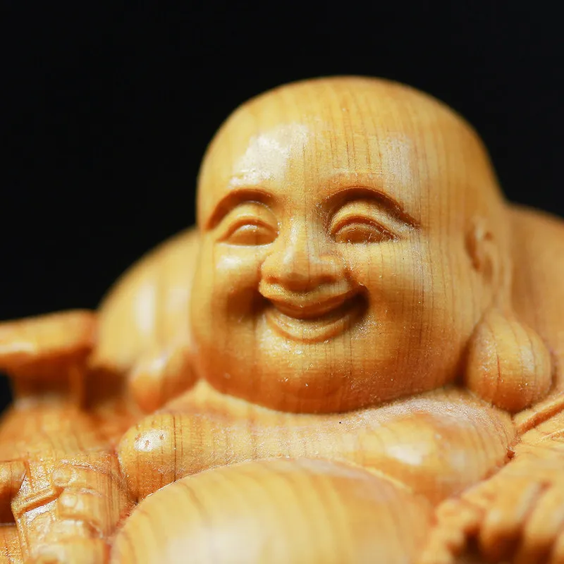 Woodcarving Miniature Desktop Ornaments Maitreya Buddha Wooden Laughing Buddha Craft Gift Chinese Style Handle Buddhist supplies