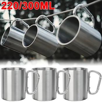 220/300ml Outdoor Camping Mug Stainless Steel Cup Traveling with Carabiner Handle Coffee Tea Mug Cookware Set Portable Cups