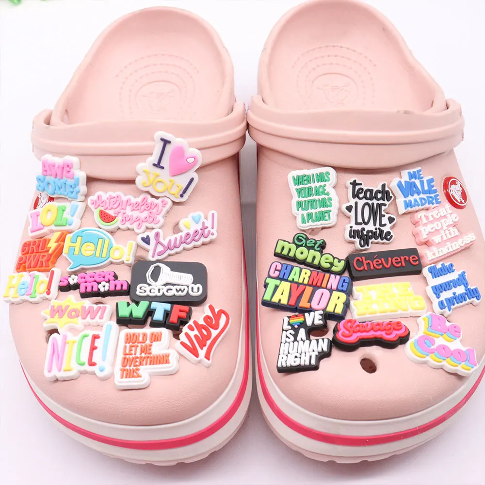 

Mix 50Pcs PVC Croc Jibz Fit Wristbands Word Hello Savage Get Money WTF GRL PWR King Hole Shoes Ornaments Decorations for Bands