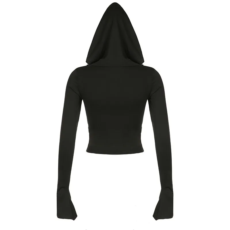 New Fashion V-neck Women's Horn Long-sleeved T-shirt Spring and Autumn Slim-fit Solid Color Hooded Black Short Top 5509