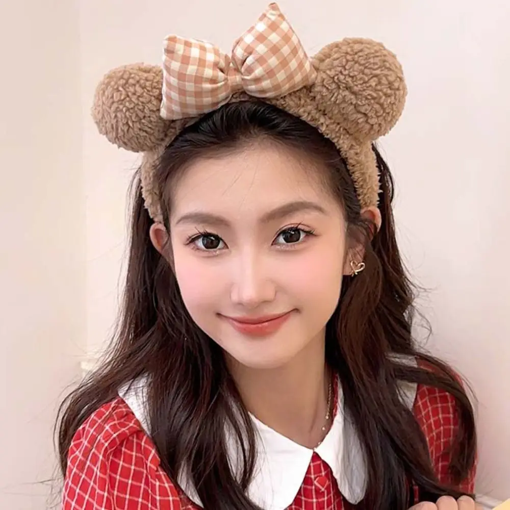 Korean Plush Bear Ear Cartoon Hair Hoop Plaid Cat Ear Bowknot Hairbands Ear Headband Hair Accessories