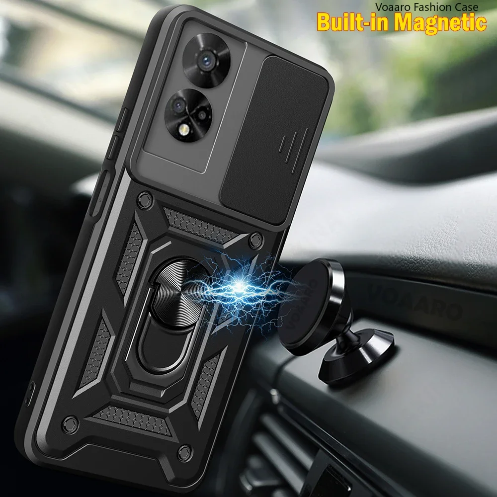 Protective Armor Case Cover with Slide Lens Camera Protection and Magnetic Ring Stand Holder
