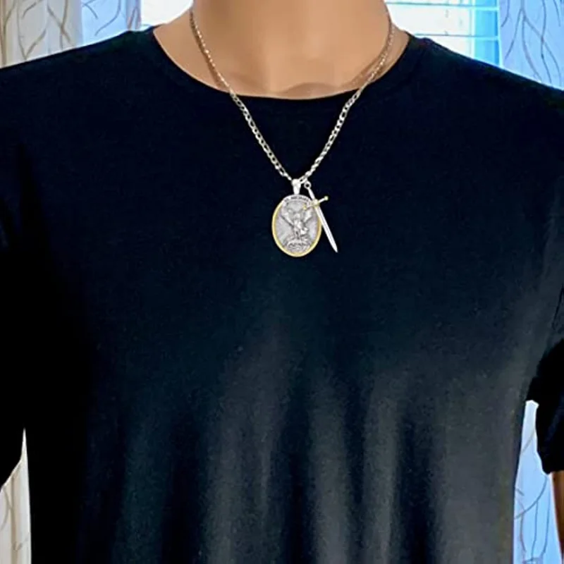 St. Michael Pendant Necklace , Men's Archangel Michael Viking Necklace Pendant, Saint Medal with Sword Shield