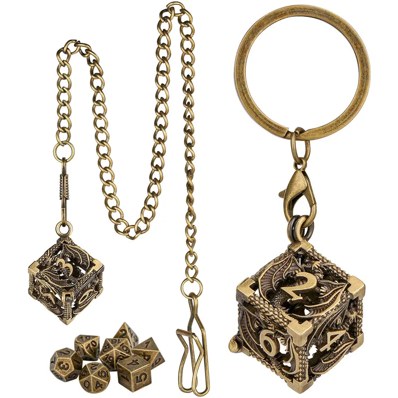 7pcs Metal Polyhedral Dice Set with Small Portable Keychain Hollow D6 Metal Case Table Role Play Gaming Accessory Gift metal dice set