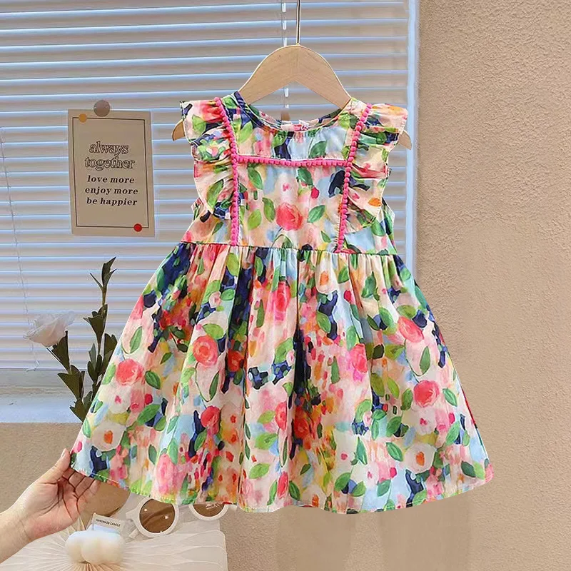

Girls Floral Dress Summer Children Baby Kids Summer Princess Sleeveless Temperament Lace Dress