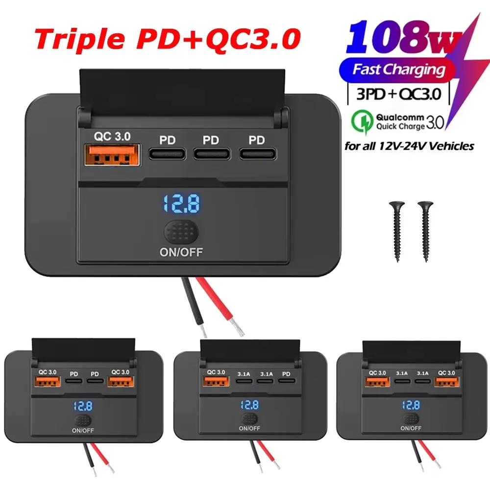 High-Speed 4-Port USB Car Charger with Dual PD & QC 3.0 for Efficient 96W Quick Charging