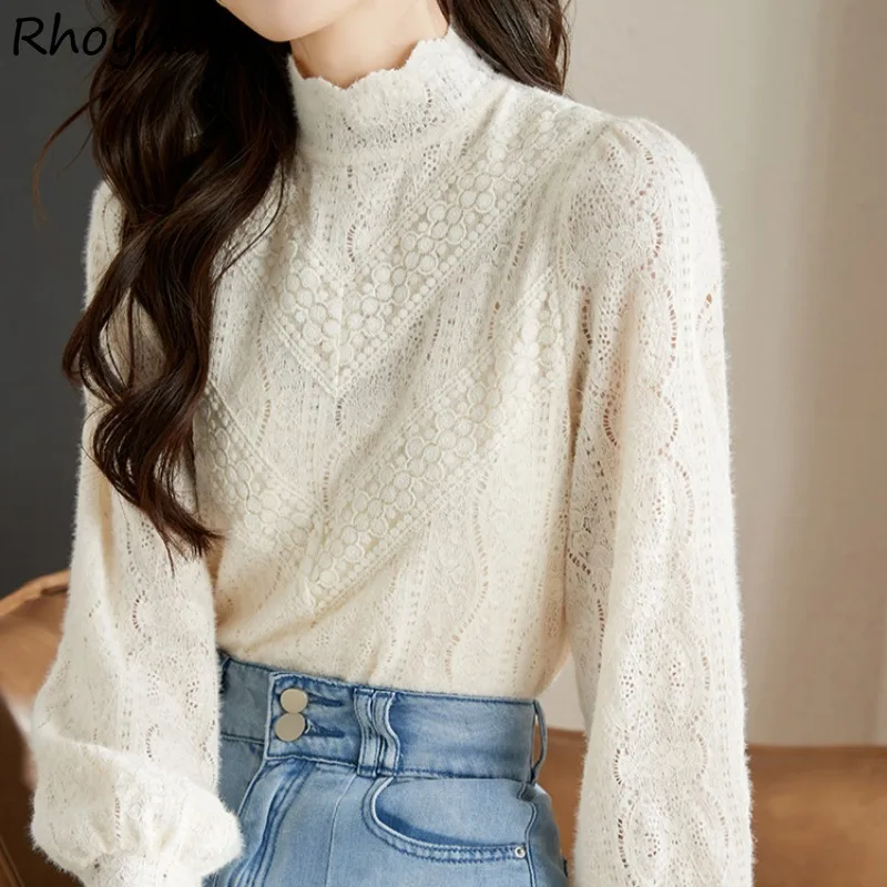 

Long Sleeve Blouses Women French Fashion Tops Half High Collar Slimming Design Elegant Temperament Soft Spring Autumn Classic