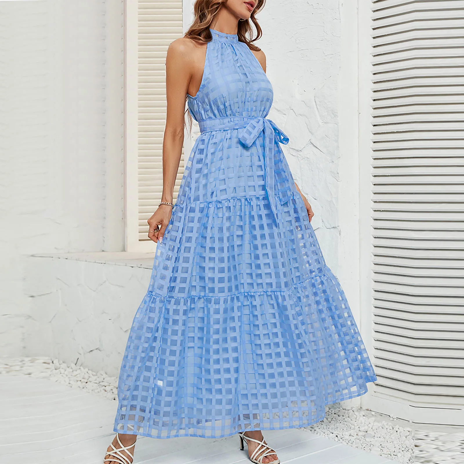 

Fashion Versatile Women's Summer Fashion Hanging Neck Sleeveless Ruffle Long Dresses Ropa De Mujer Flowy Evening Dress