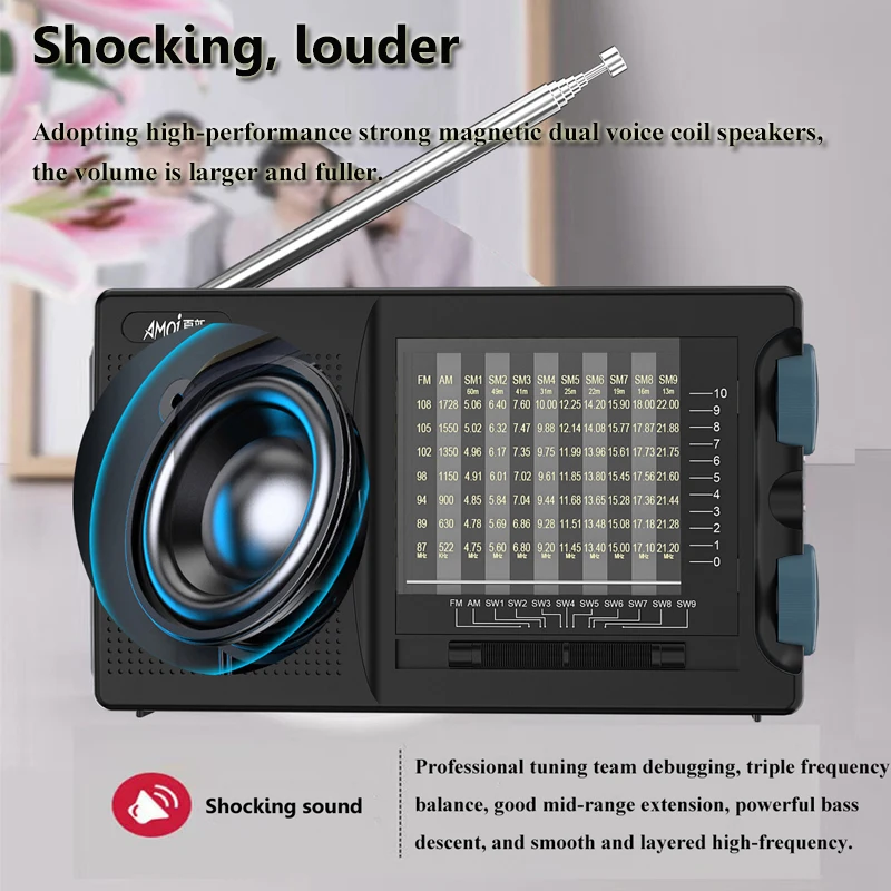 Mini Full Band Radio Best Reception FM AM SW Radios with 5W High Power Loudspeaker Rechargeable Battery Support 3.5mm Headset