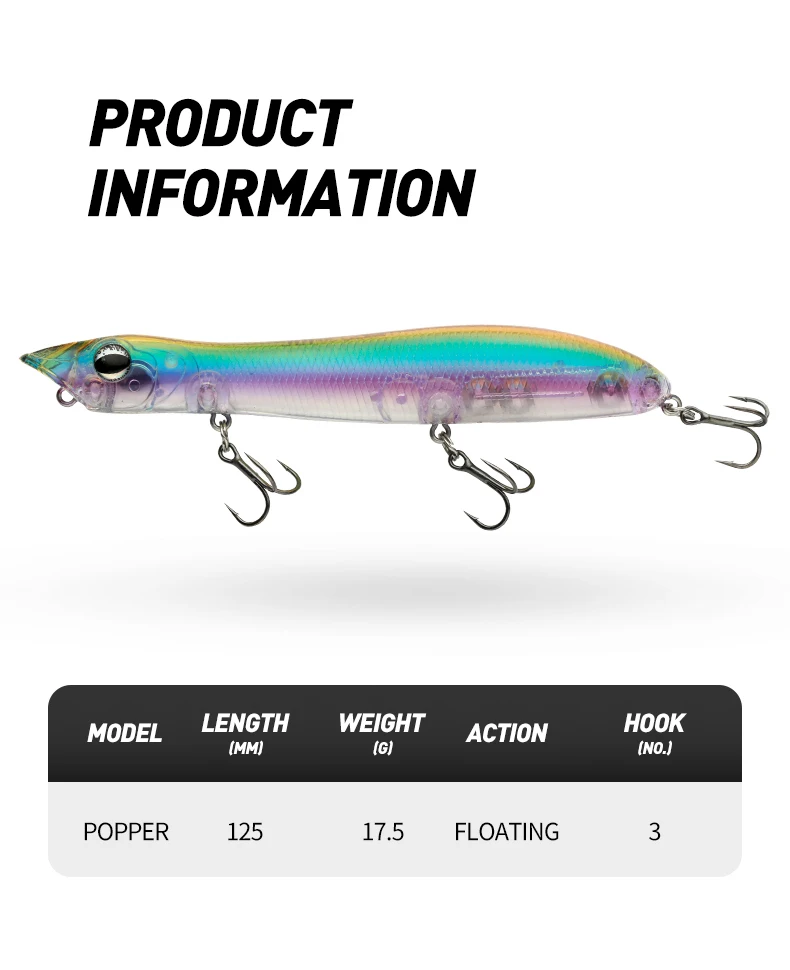 Description Picture 3 of itemTopwater Popper Bait 12cm 17.5g Walk Dog Hard Plastic Popper Fishing Lures Floating Snakehead Rattle Wobble Bass Lure