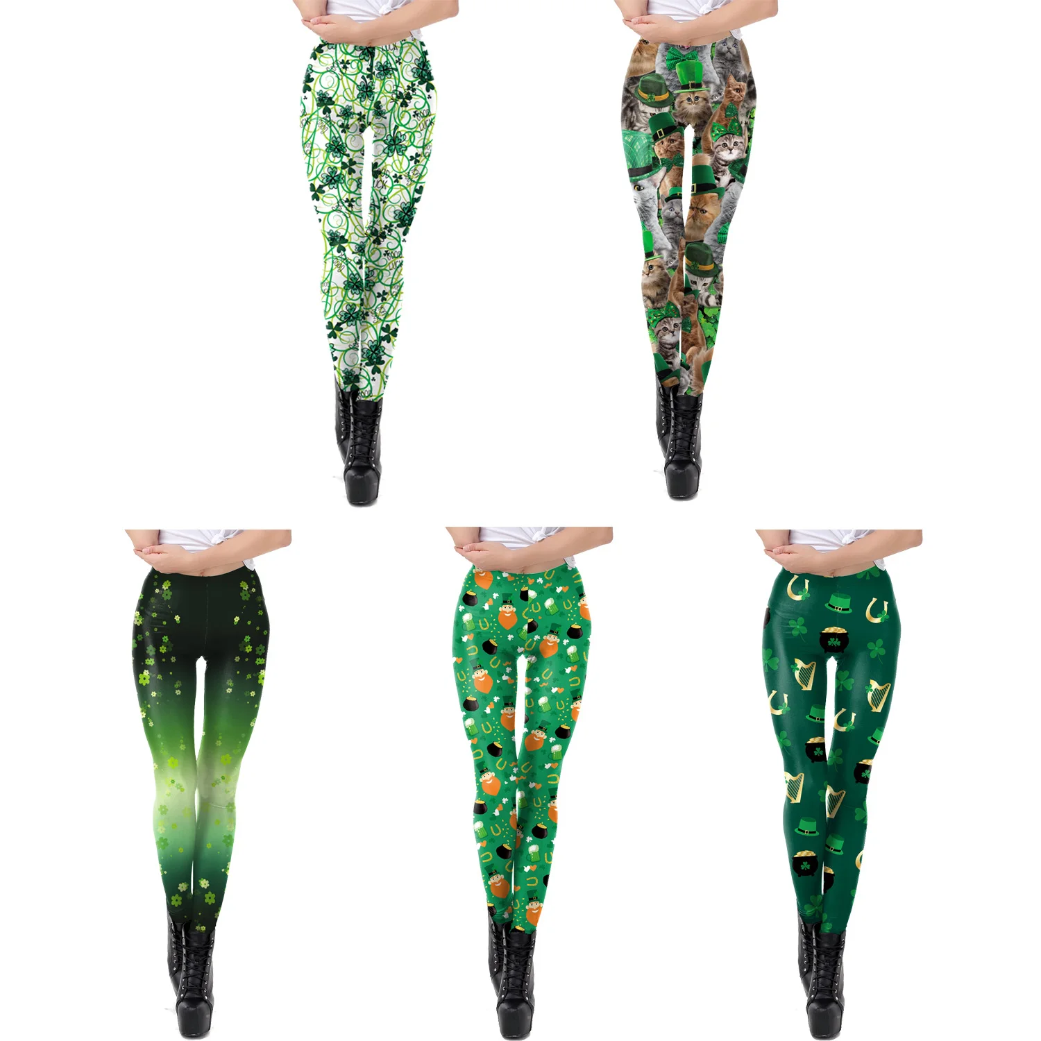 

Zawaland St. Patrick's Day Festival Leggings Sexy Skinny Mid-Waist Pants 3D Printed Pants Four Leaf Clover Legging for Fitness