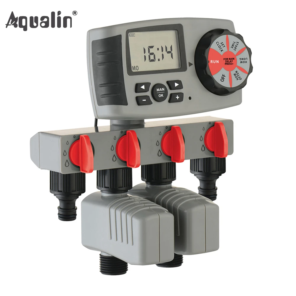 Aqualin Automatic 4-Zone Irrigation System Watering Timer Garden Water Timer Controller System with 2 Solenoid Valve #10204
