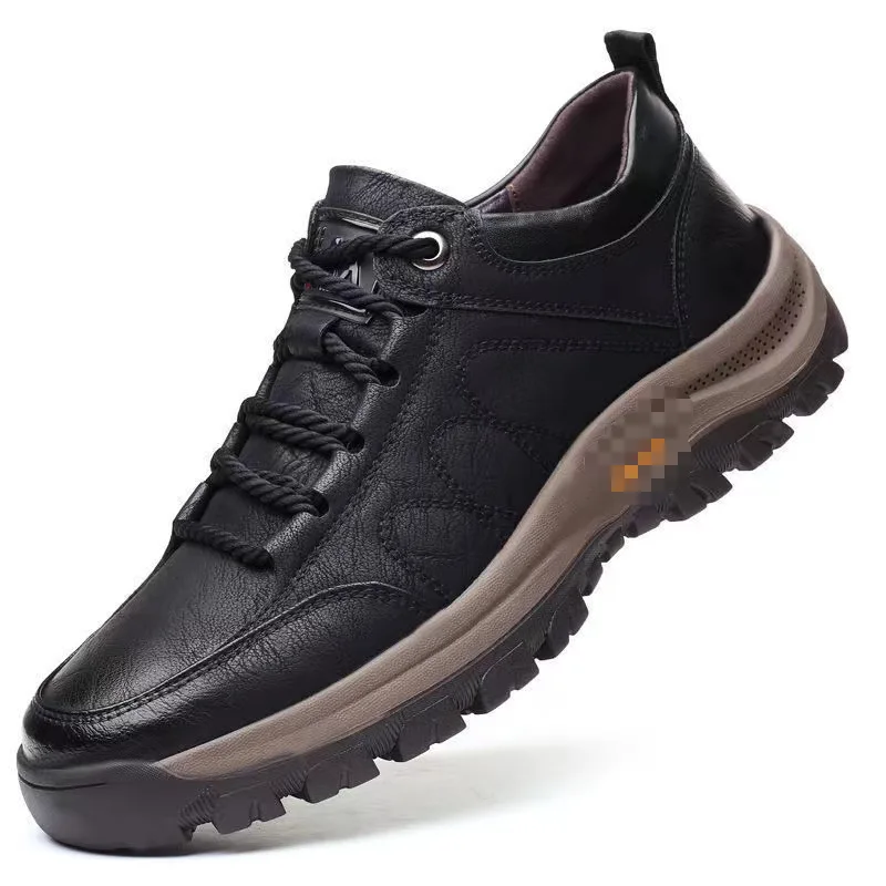 Leather Hiking Sneakers 2023 Low-top Lace-up Casual Leather Shoes Outdoor Round Head Hiking Men's Shoes Thick Soled Work Shoes