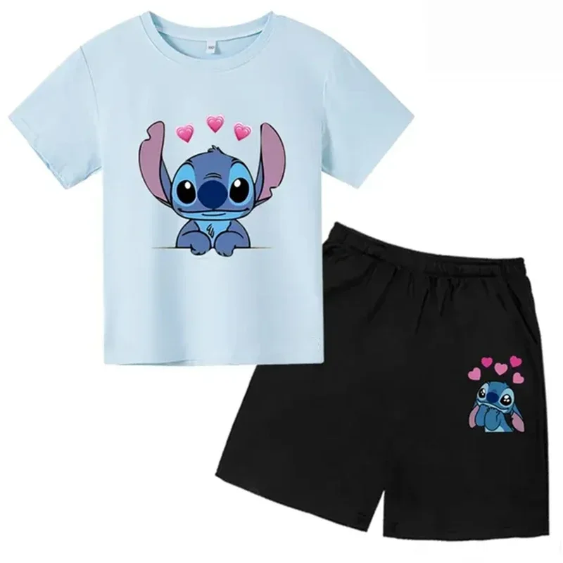 thumbnail image 1 of Nuevo conjunto de camiseta y pantalones cortos de verano con dibujos animados de Disney, bonito Stitch Angel para niños y niñas, ropa de algodón para niños, conjunto informal de 2 piezas para niños, 1 of 5