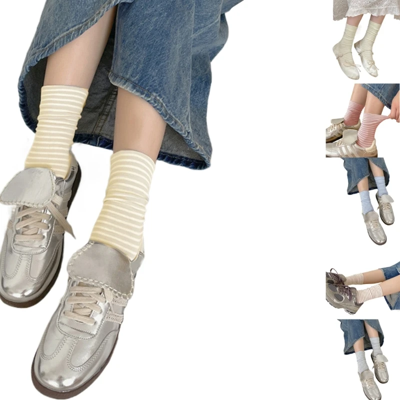 

Striped Print Middle Length Socks for Women Soft Cotton Fashionable Calf Socks