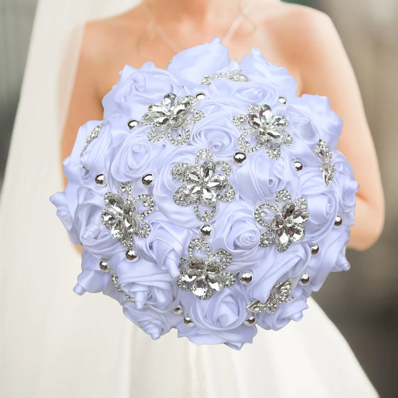 

White Bridal And Bridesmaid Bouquets Exquisite Rhinestones Silk Roses And Pearls Handmade Sisters Wedding Bouquets