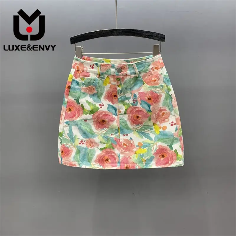 

LUXE&ENVY Age Reducing Flower Print Denim Skirt Women's 2023 Summer New High Waist Slim A-line Casual Wrap Hip Short Skirt