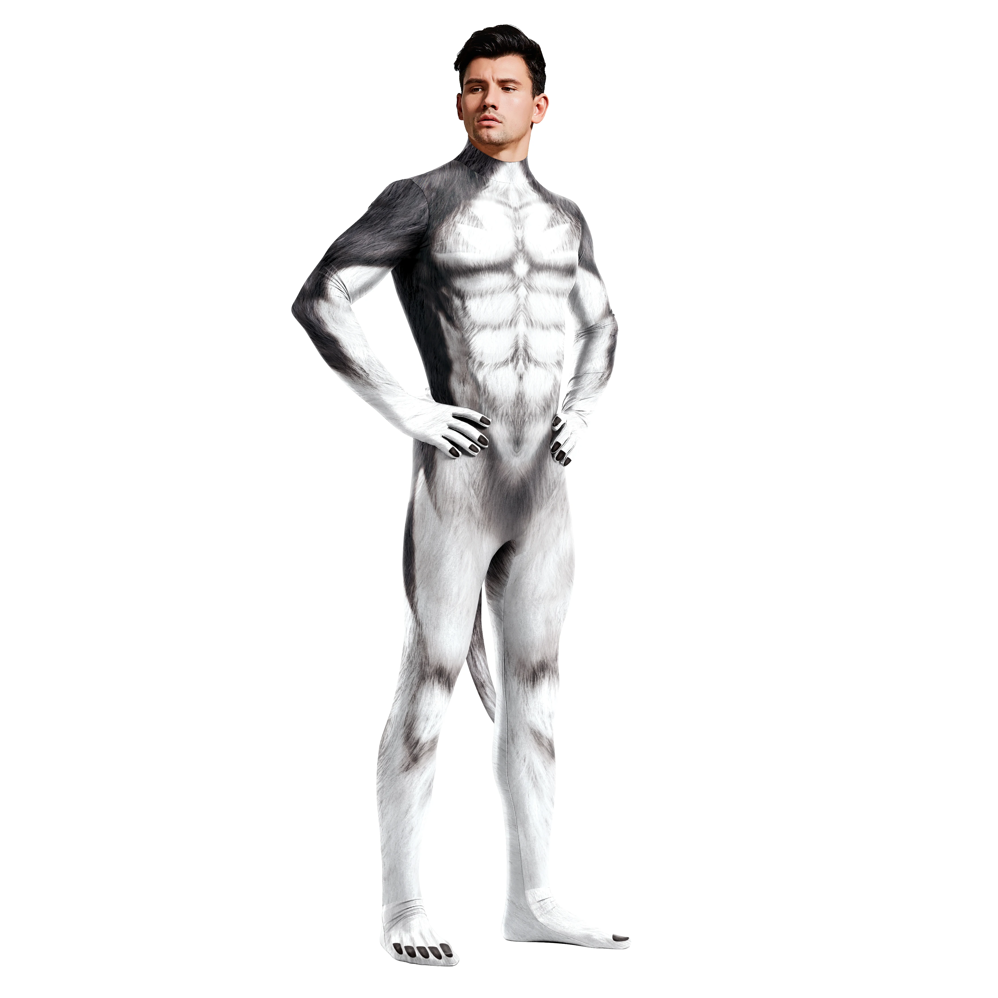 Zawaland Cosplay Animal 3D Print Petsuit Tail Furry Costume Crotch Zipper Jumpsuit Men Zentai Bodysuit Halloween Clothing