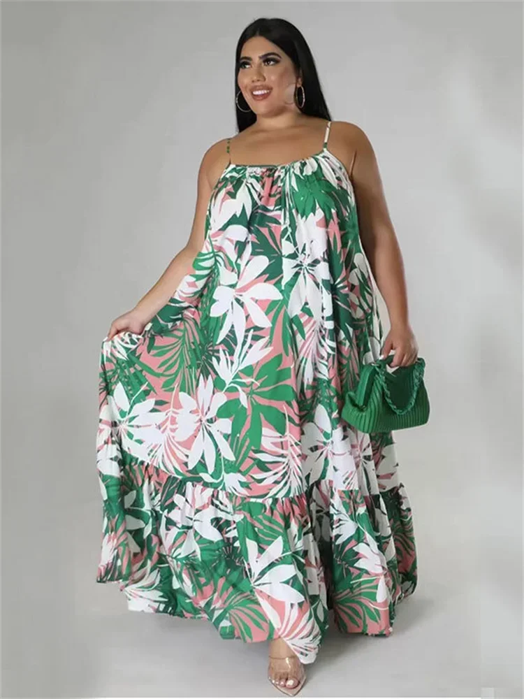 Wmstar Plus Size Dresses for Women Wholesale Flowers Print Sexy Slip Big Hem Draped Maxi Dress Sweet Style Dropshipping 2025
