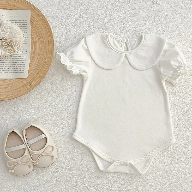 여름  롬퍼 여아 흰색  바디 수트, 반팔 점프 수트, 0-24 개월  옷 의상
