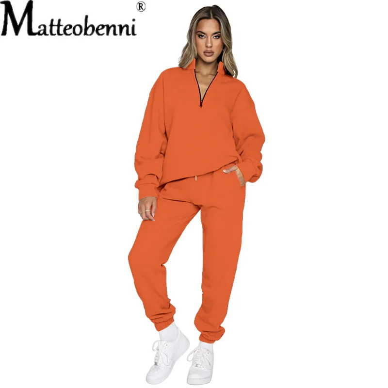 Fashion Solid Color Sports Suits Women Autumn Winter Zipper Pullover Long Sleeve Sweatshirt Casual Trousers Pants Two-piece Sets waffle sports suit lapel zipper neckline short sleeve outfit letter print waffle women t shirt drawstring wide leg shorts set