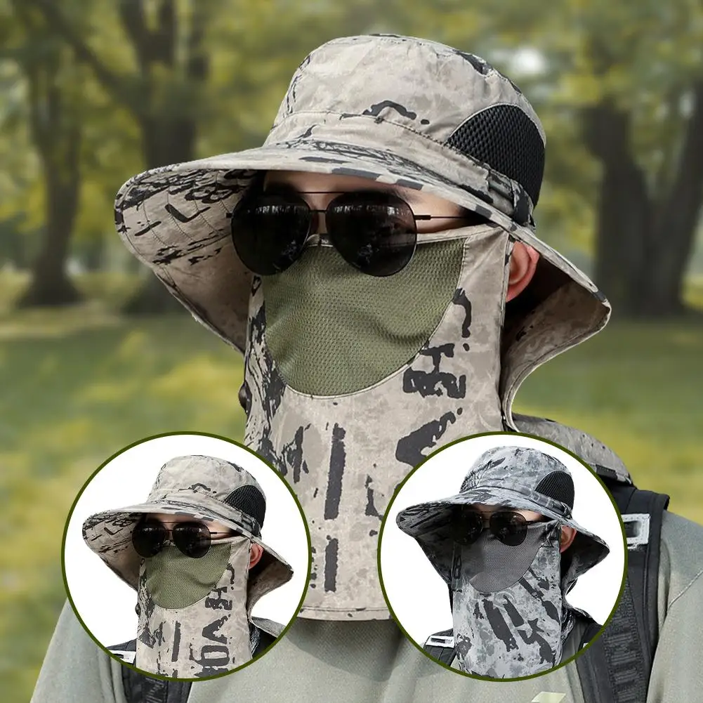 

1Pcs Fishing Hat With Mask Summer Sun Protection Wide Sun Brim Mountaineering Cap Men Hiking Women Hunting S4N4