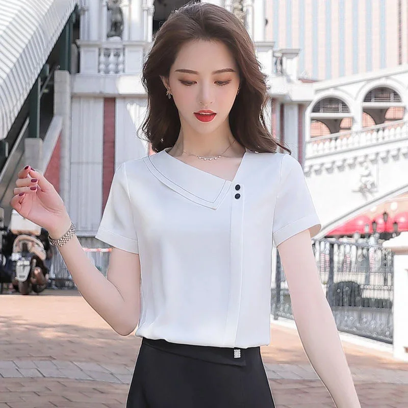

Women Spring Summer Style Chiffon Blouses Shirts Lady Casual Asymmetrical Collar Short Sleeve Chiffon Blusas Tops