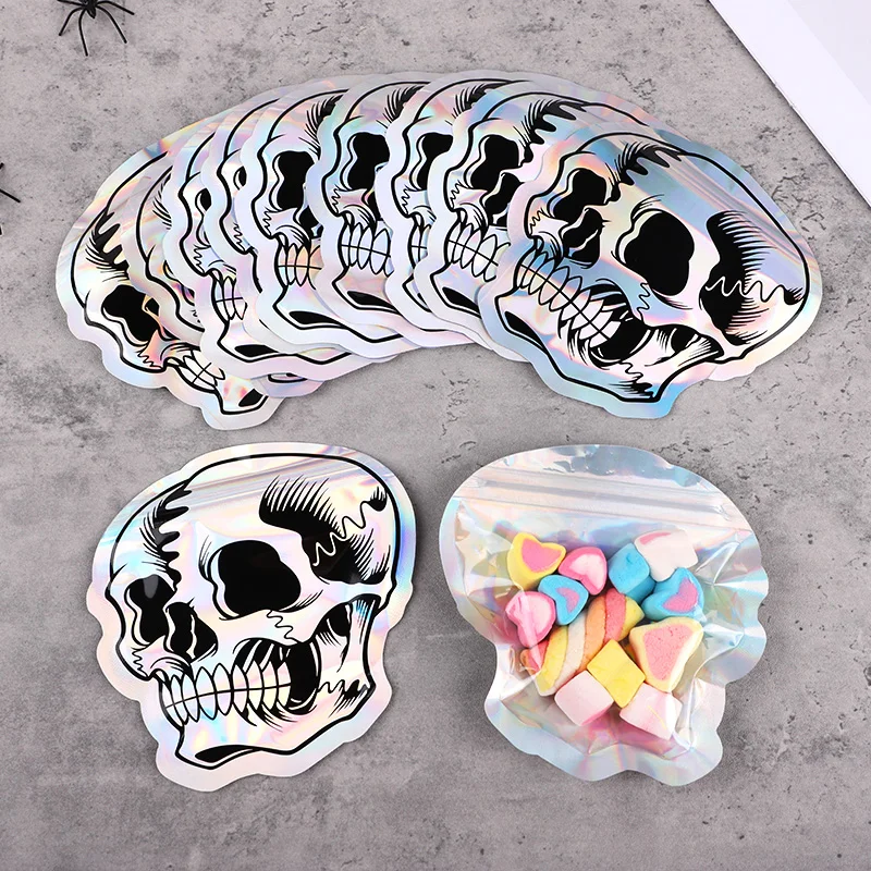 10-100Pcs Halloween Skull Candy Cookie Bag Laser Self Sealing Gift Packaging Bag Plastic Pouch Kids Trick or Treat Party Favors