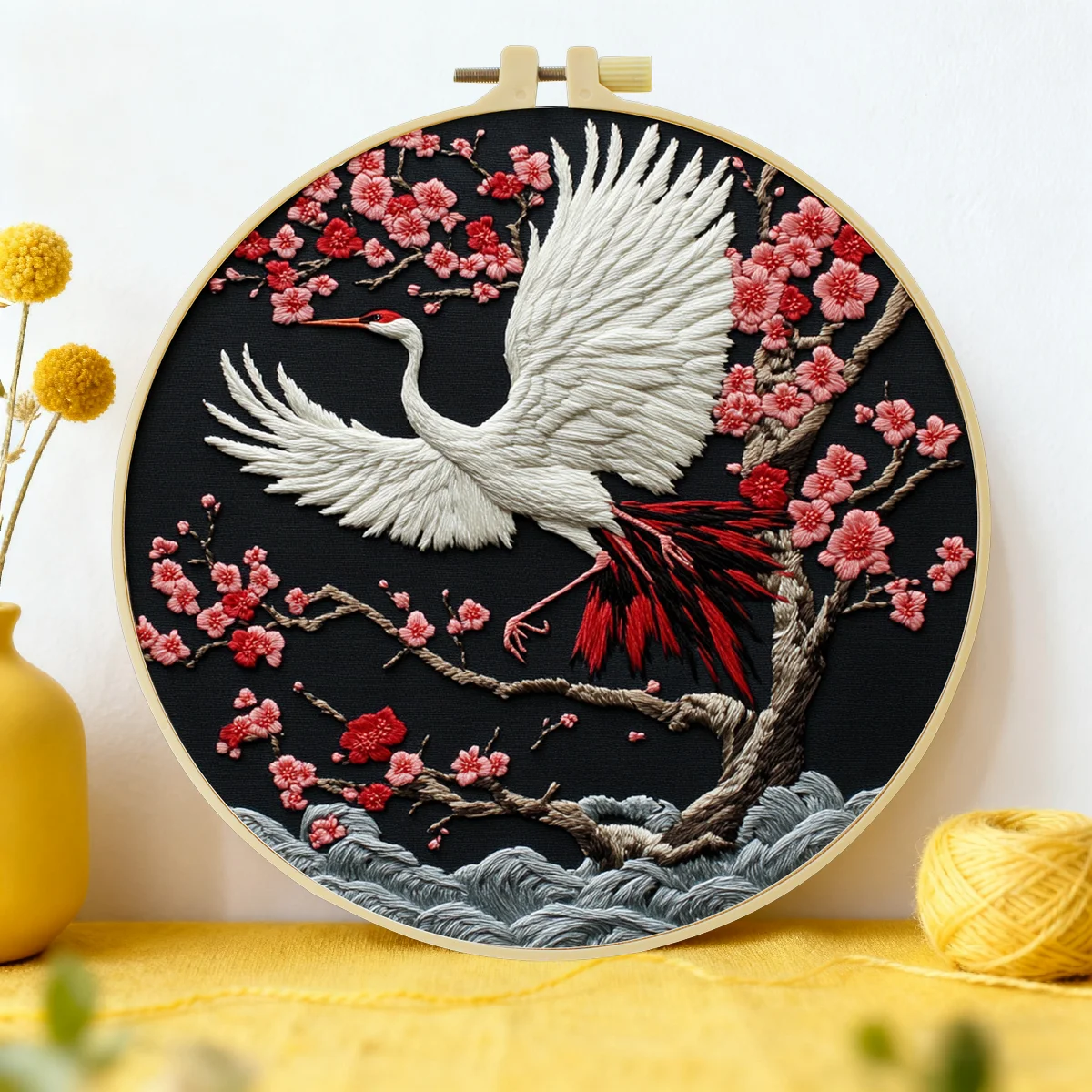 1 Stück 20X20CM/15X15CM 7,87/6,3 Zoll Kraniche und rote Pflaumenblüten Stickerei-Starter-Kit DIY-Kit DIY-Stickerei-Kit Handarbeiten