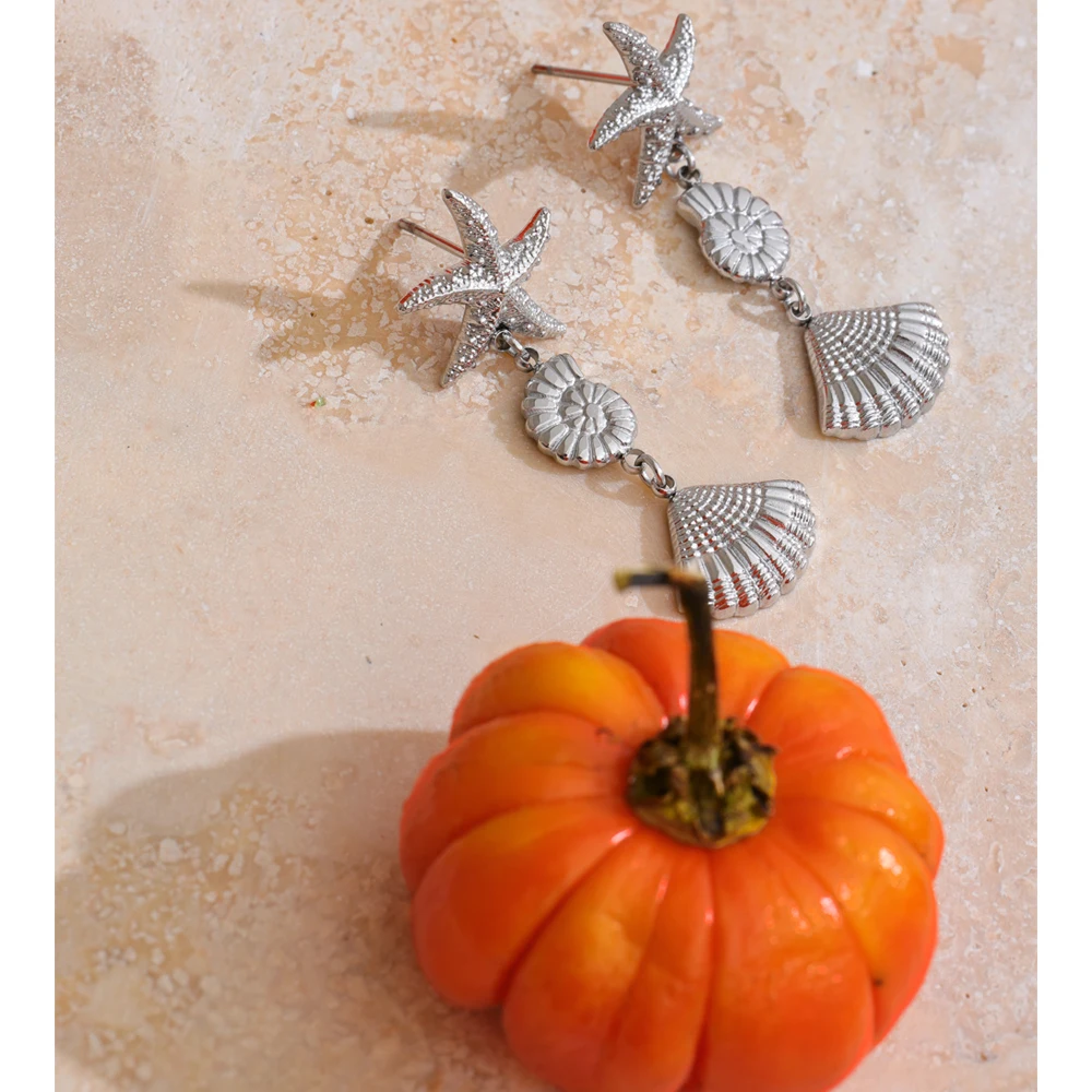 Yhpup Ocean Style Stainless Steel Metal Conch Shell Starfish Drop Earrings