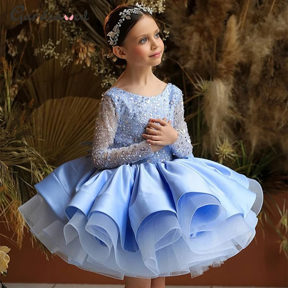 

Royal Blue Flower Girl Dresses Wedding Birthday Party Tulle Puffy Layered Appliques Short Sleeve Off the Shoulder Princess Gowns