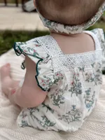 MILANCEL New Summer Baby Girls Rompers One-Pieced Toddler Sweet Green Floral Jumpsuit with Hairband Infant Outwear Outfits 4
