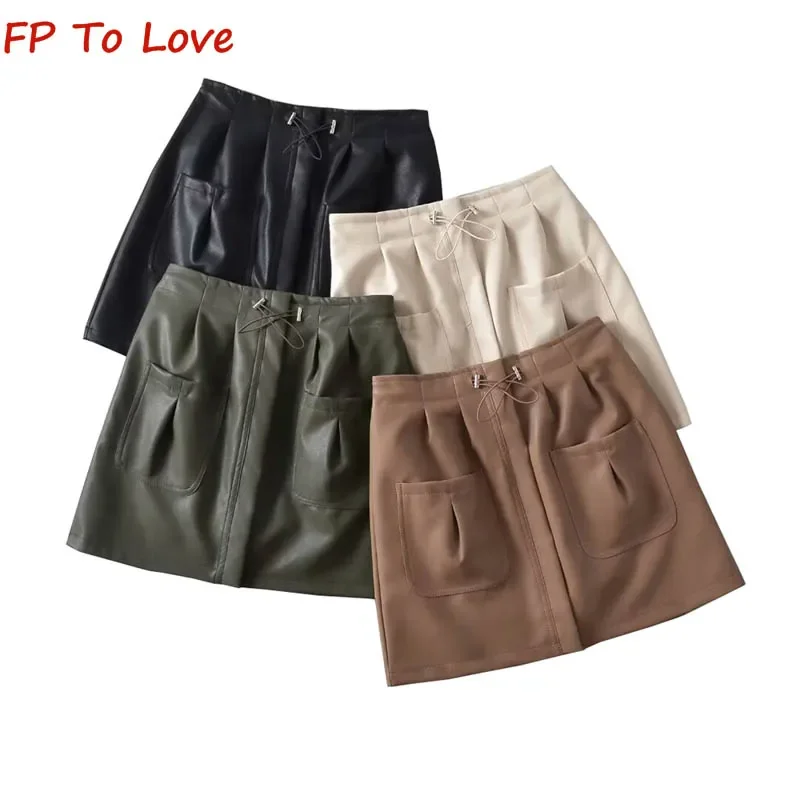 

Осенне-зимняя короткая трапециевидная юбка из искусственной кожи с завышенной талией и карманами