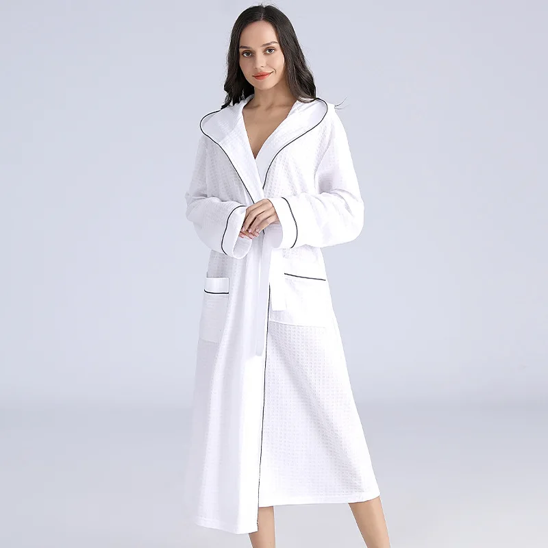 

White Woman Kimono Bathrobe Gown Long Sleeve Homewear Sleepwear Nightwear with Pocket Robe Spring Loungwear