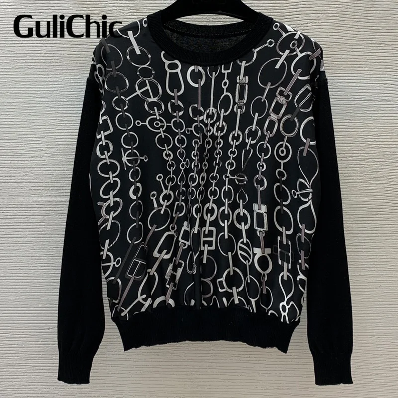 

9.18 GuliChic Women Fashion Chain Pattern Print Twill Silk Spliced Round Neck Long Sleeve Pullover Knitwear Top