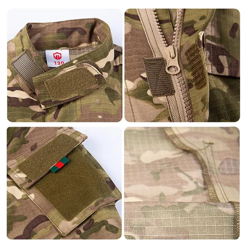 Kids Mens Tactical Uniform Combat BDU Ghillie Suit Children Multicam Camouflage Outdoor Sniper Training Hunting Shirt Pants Set