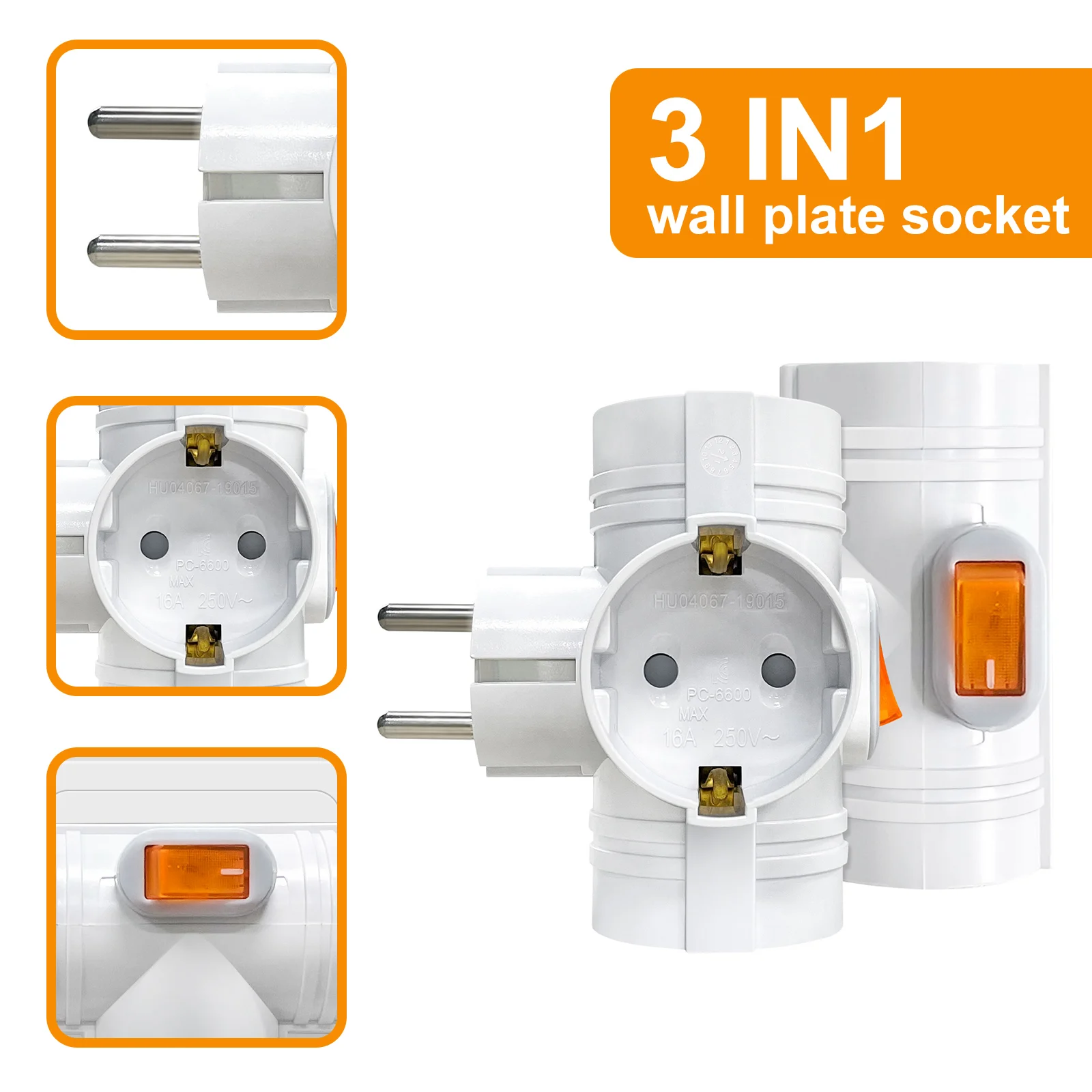 1/2PCS EU Conversion Plug 3 Way Socket Adapter with Switch German Standard, Double Plug Wall Socket Extender Electric for Home 2
