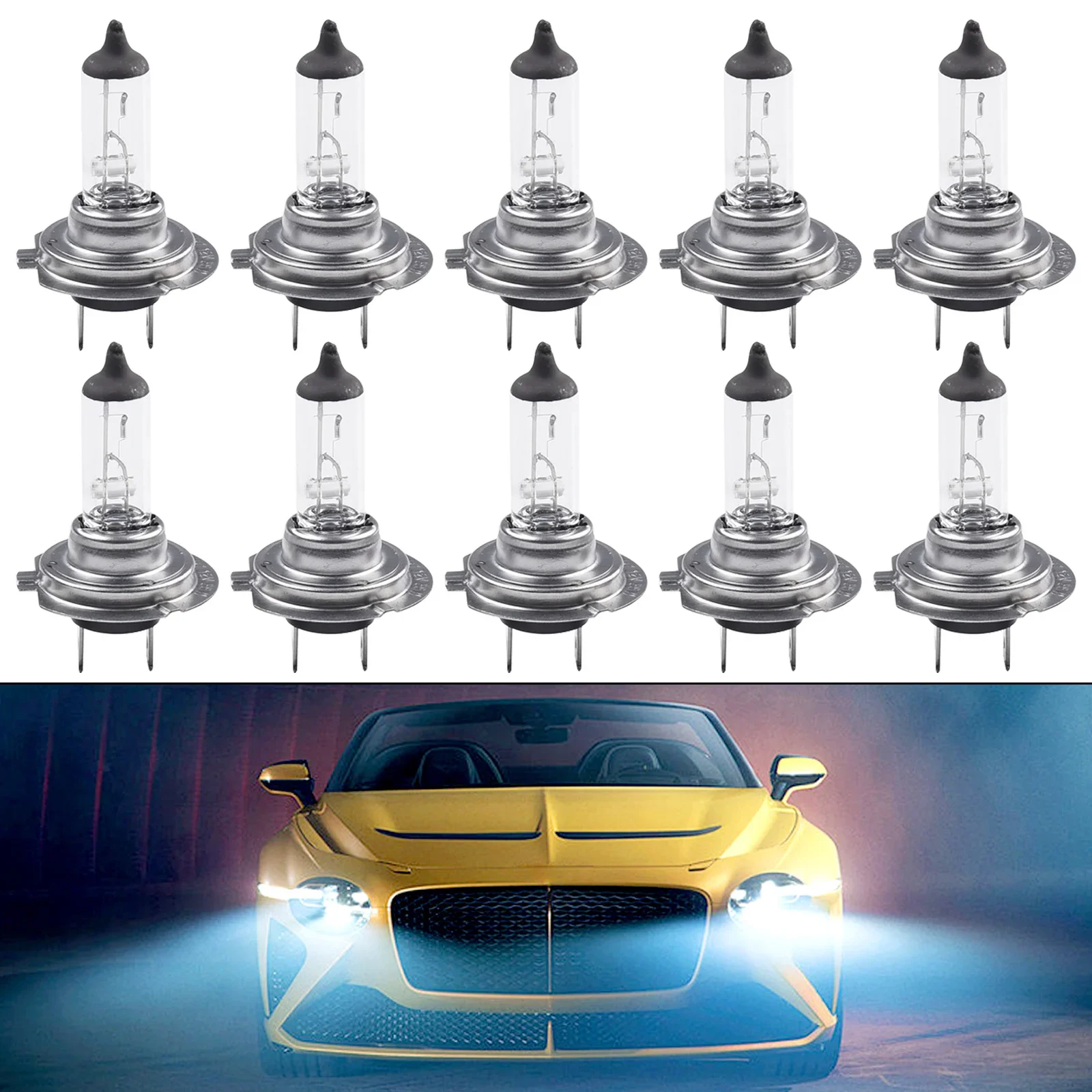 

10pcs H7 Halogen Headlights - Brand New, High Quality, Warm Yellow, 6000K Color Temp, 55W Output, 12V DC
