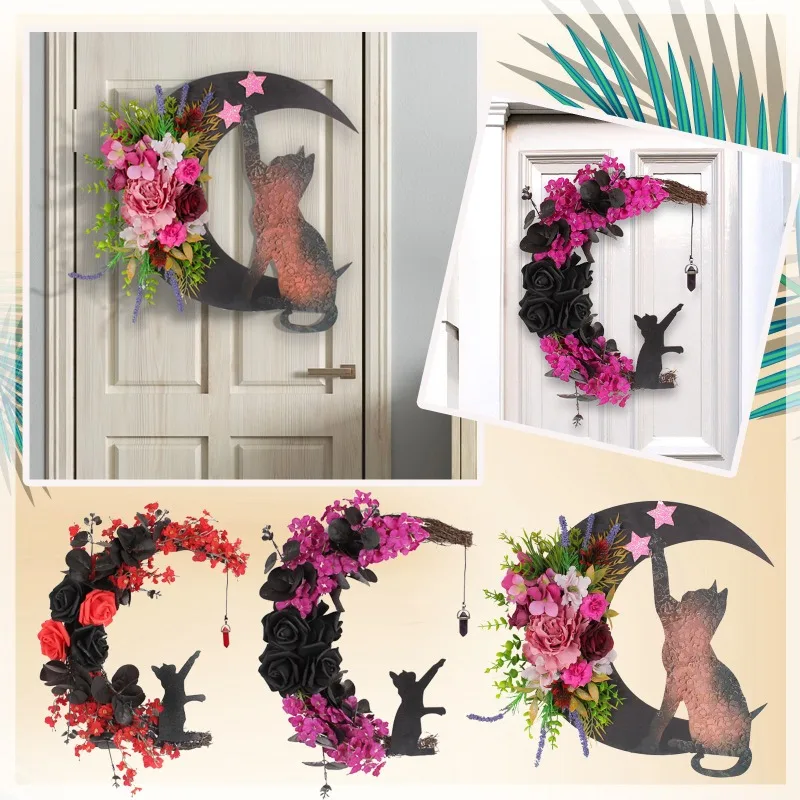 

Moon Shaped Door Wreaths Halloween Decorations Welcome Sign Goth Roses Black Cats Garland Front Door Ornament Halloween Signs