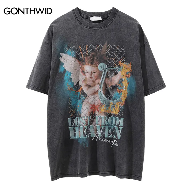 

Distressed Punk Tshirt Streetwear Hip Hop Angel Print Vintage Gothic Rock Cotton T-Shirt 2023 Summer Fashion Casual T Shirt Top
