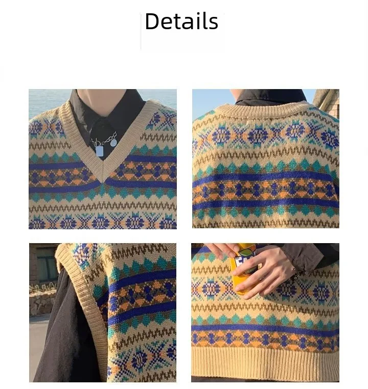 Description Picture 4 of itemRetro V-neck Spring Autumn Knitted Lazy Hong Kong Style Loose Outdoor Wear Sleeveless Cover Head Woolen Vest Men