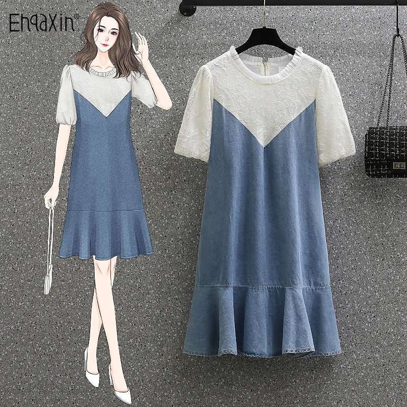 

EHQAXIN Dresses For Womens Fashion Summer New Korean Lace Stitching Denim Short Sleeve Loose Print Ruffle Dress Female L-4XL