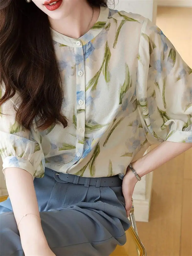 

2024 Early Autumn Ladies Floral Shirt Female Elegant Chiffon Seven Sleeve Printed Blouse Female Design Commuting Clothes Tops