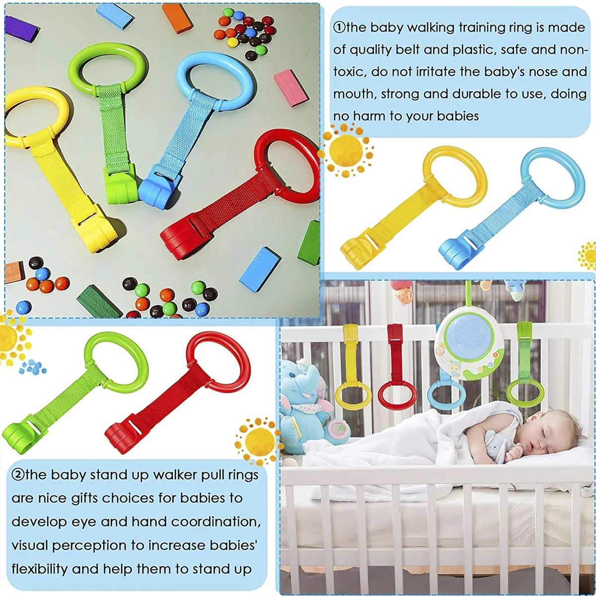 4pcs Baby Crib Pull Rings for Walking Training Baby Stand up Ring Protection Ergonomic Baby Cot Rings Walking Assistant Rings