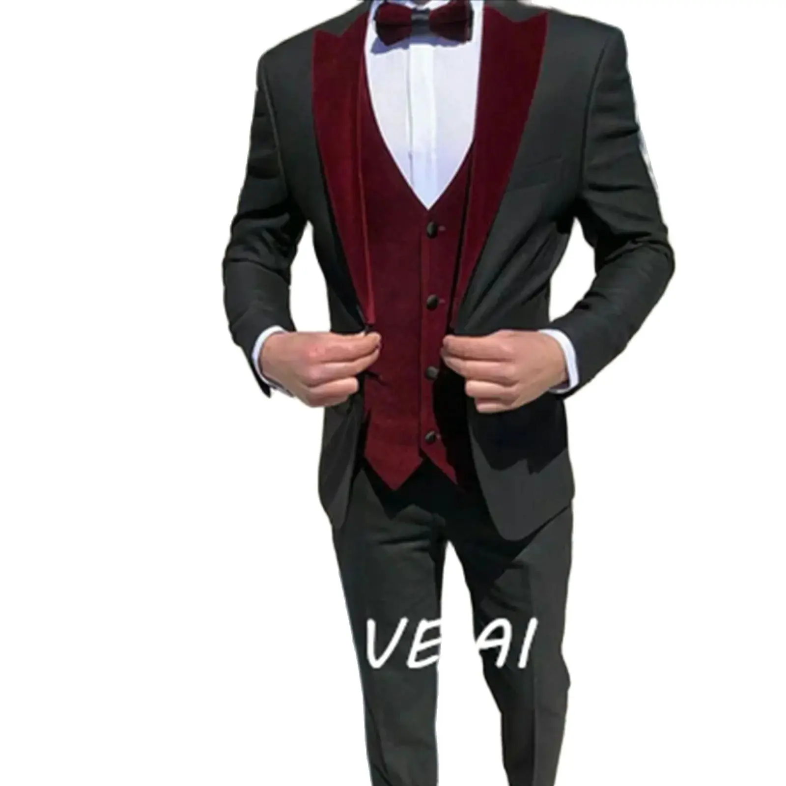 

3 Piece Slim fit Men Suits Black Wedding Tuxedo Burgundy Velvet Waistcoat Male Fashion Groom Costume Prom Jacket with Pants