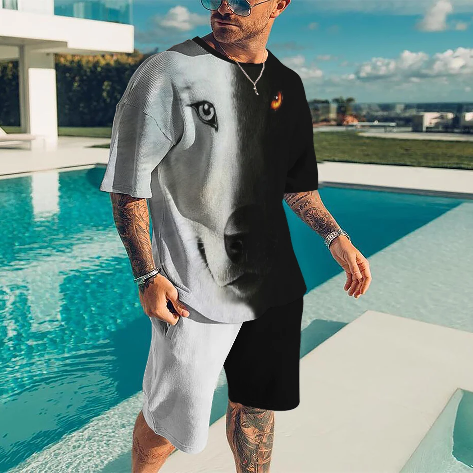 3D Printed Men's T-shirt Suit Summer Fashion Casual Shorts Black and White Animal Element Pattern Street Wear Two-Piece Set